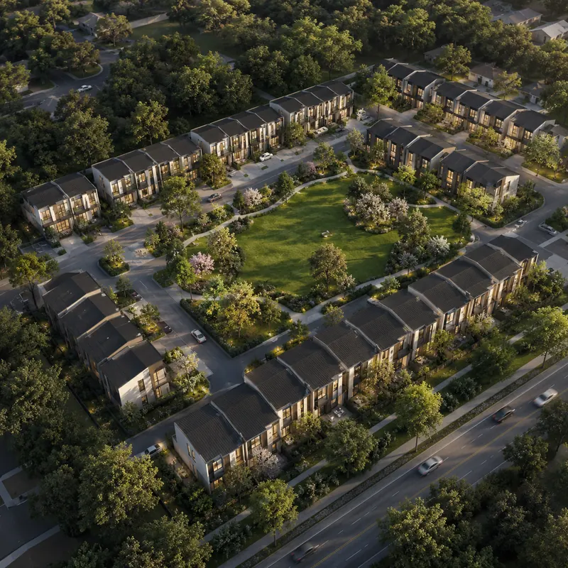 Prestige Springwood aerial view of two townhouse clusters around the central green