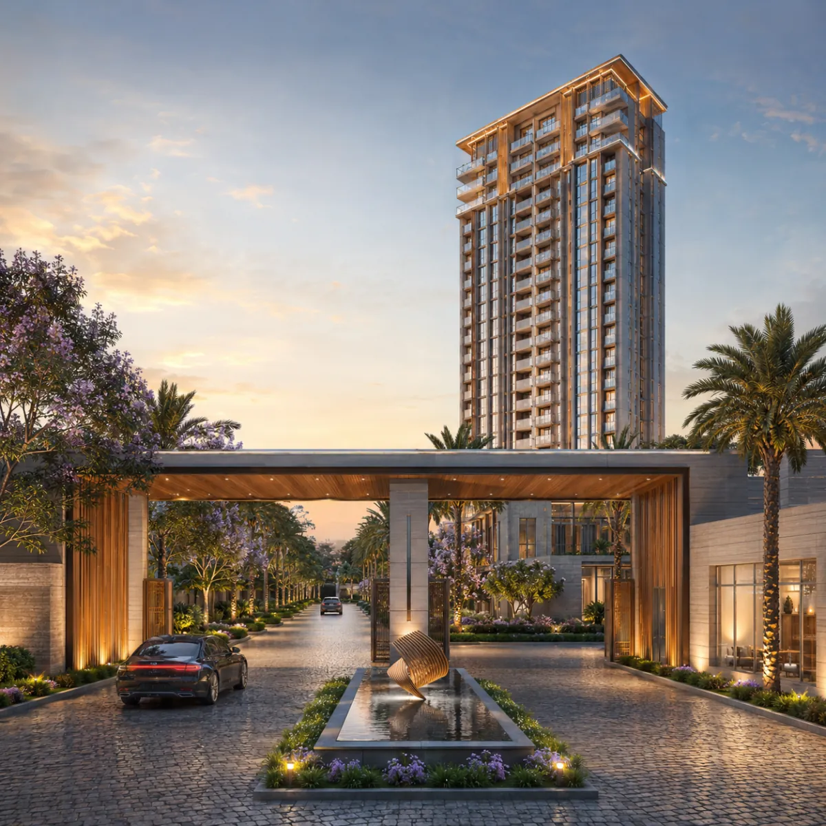 Prestige Springwood arrival driveway and tower frontage