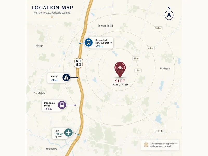 Prestige Springwood location map: site east of NH-44 with bus station, metro, KIA distances
