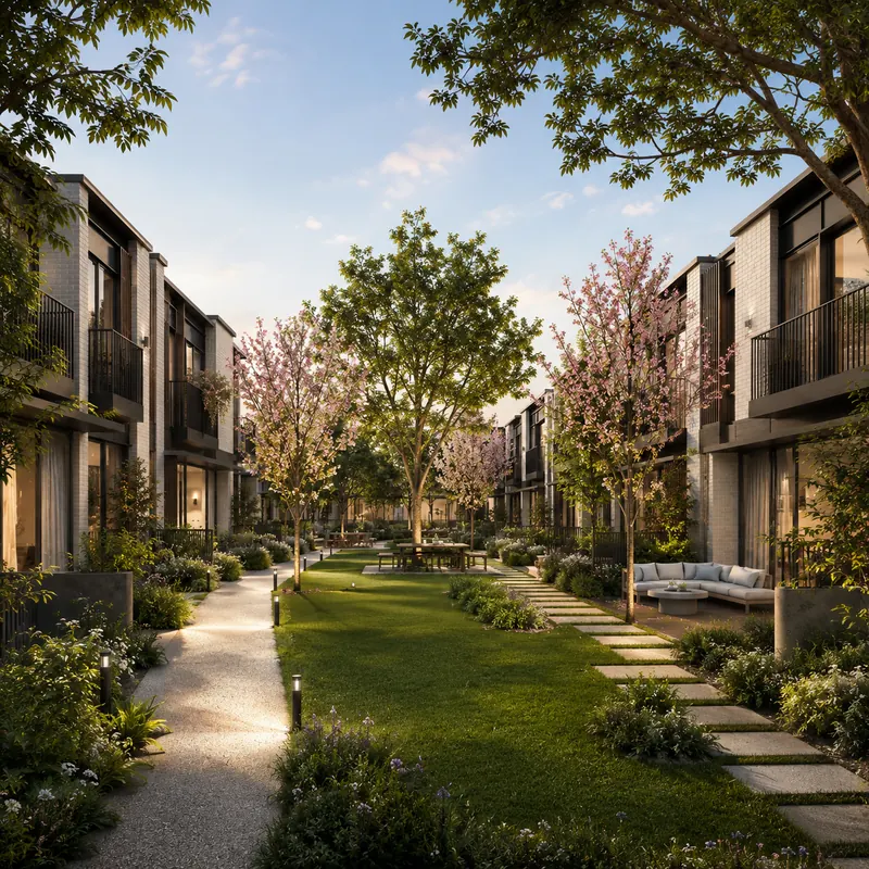 Prestige Springwood central green courtyard framed by two-storey townhouse rows