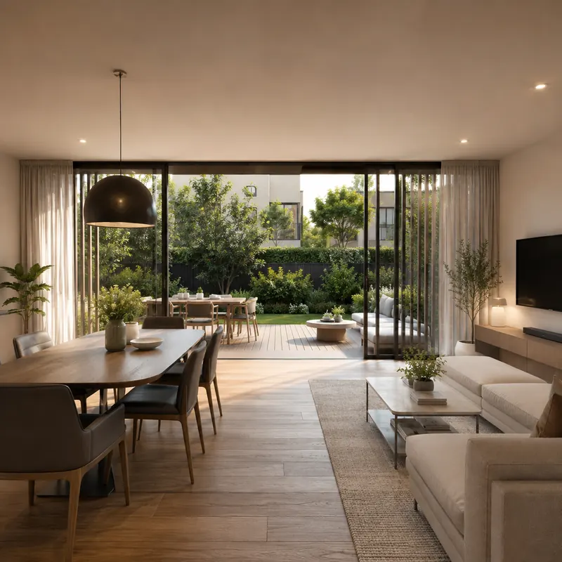 Prestige Springwood ground-floor living and dining opening onto the private garden