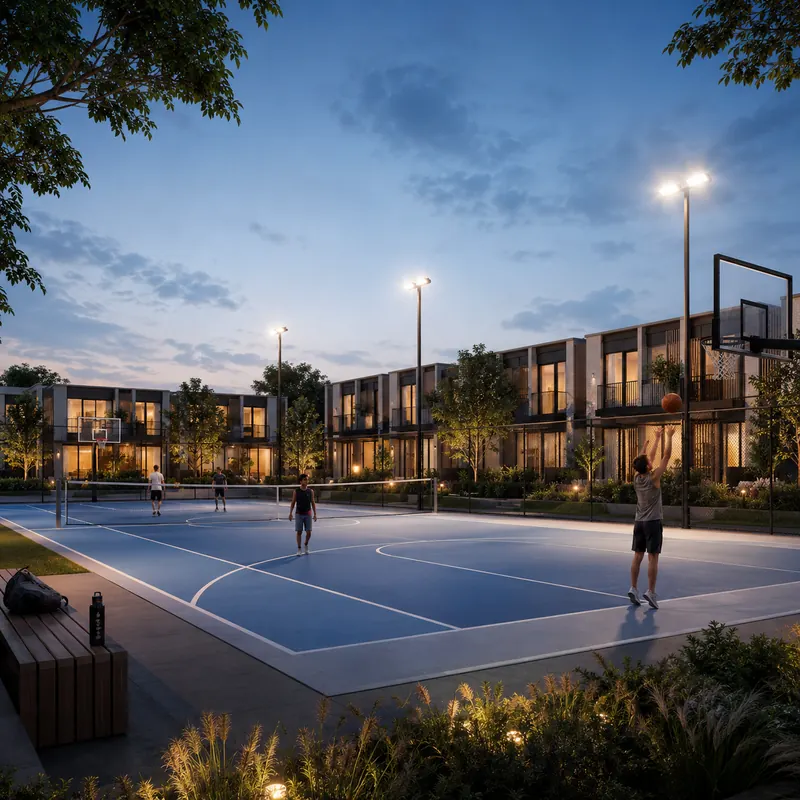 Prestige Springwood floodlit outdoor sports court with townhouse rows behind